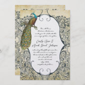 Mustard and Navy Peacock Love Bird Muster Wedding Einladung (Vorne/Hinten)