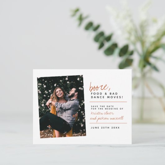 Mustard Booze Food & Bad Dance Moves Save the Date Postkarte (Stehend Vorderseite)