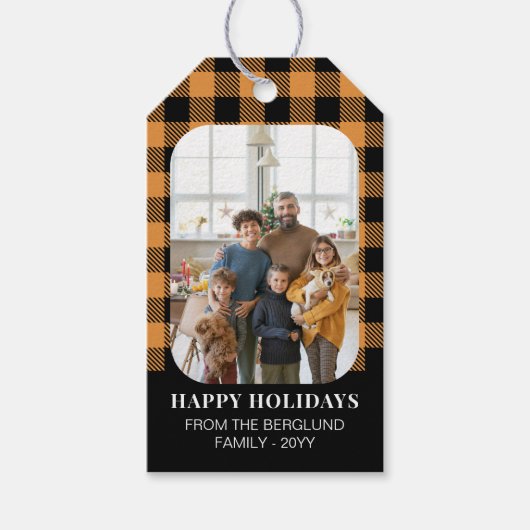 Mustard Buffalo Karo Foto Happy Holidays Geschenkanhänger (Vorderseite)