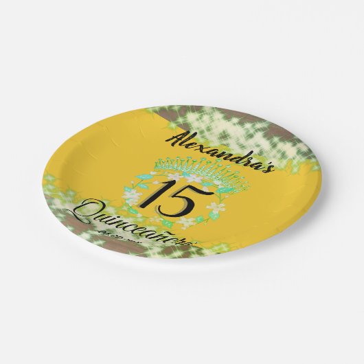 Mustard Gold Elegant Quinceanera Celebration Pappteller (Schrägansicht)
