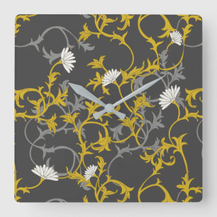 Mustard Grey Floral Quadratische Wanduhr