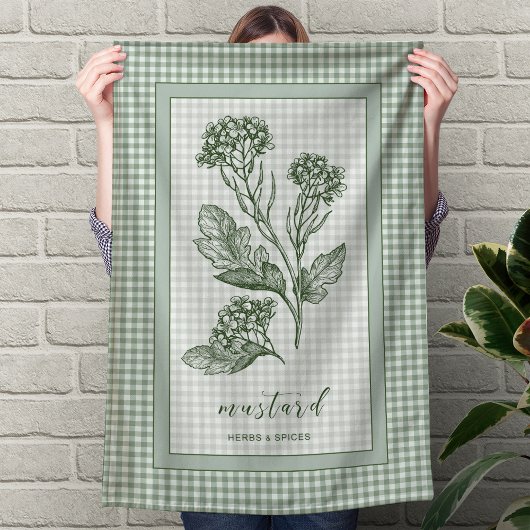 Mustard Herb Kitchen Towel – Green Gingham Border Geschirrtuch