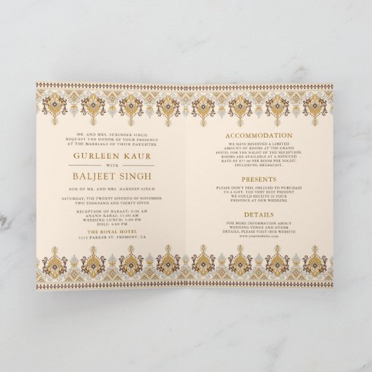 Mustard Ikat All in One Anand Karaj Sikh Wedding Einladung (Innenseite)