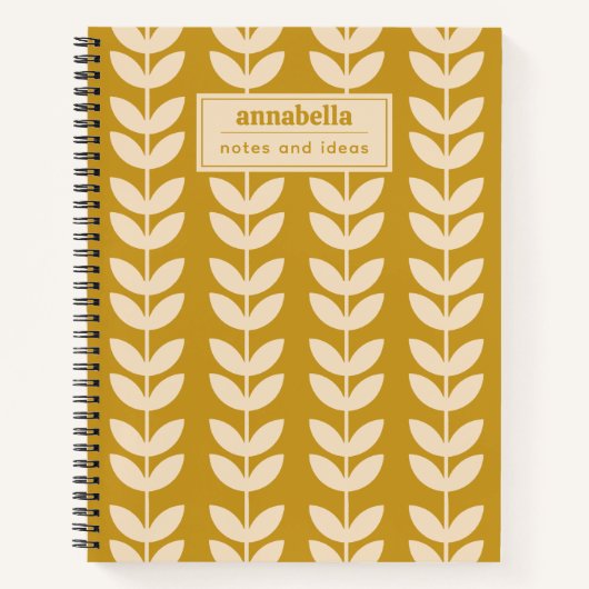 Mustard Retro Vibe Leaf Muster Monogramm Notizblock (Vorderseite)