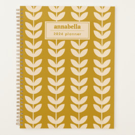 Mustard Retro Vibe Leaf Muster Monogramm Planer