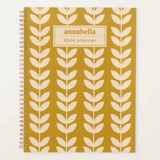Mustard Retro Vibe Leaf Muster Monogramm Planer (Vorderseite)