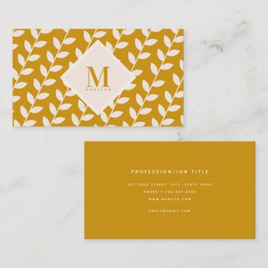 Mustard Yellow 70s Retro Leaf Monogram Initial  Visitenkarte (Vorne/Hinten)