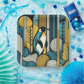 Mustard Yellow Aquamarin Blue Pinguin in Retro Geo Pappteller (Party)