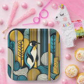 Mustard Yellow Aquamarin Blue Pinguin in Retro Geo Pappteller (Party)