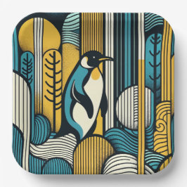Mustard Yellow Aquamarin Blue Pinguin in Retro Geo Pappteller