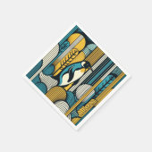 Mustard Yellow Aquamarin Blue Pinguin in Retro Geo Serviette (Ecke)