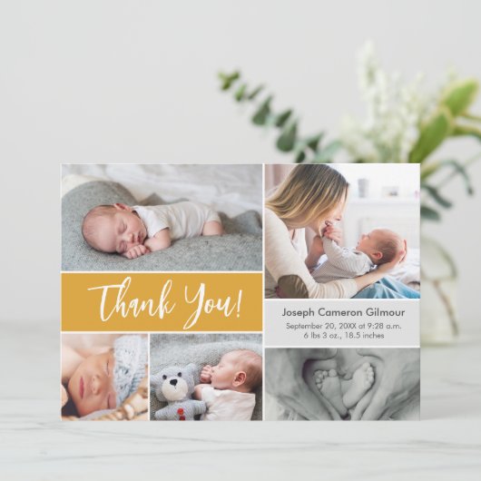 Mustard Yellow Baby Foto Collage Babydusche Dankeskarte (Stehend Vorderseite)