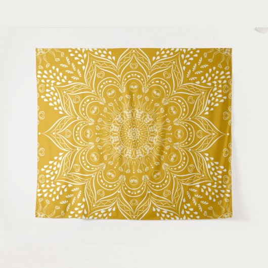 Mustard Yellow Boho Mandala Wandteppich (Vorderseite (Horizontal))