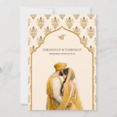 Mustard Yellow Cream Ikat Anand Karaj Sikh Wedding Einladung (Vorderseite)