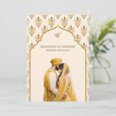 Mustard Yellow Cream Ikat Anand Karaj Sikh Wedding Einladung (Stehend Vorderseite)