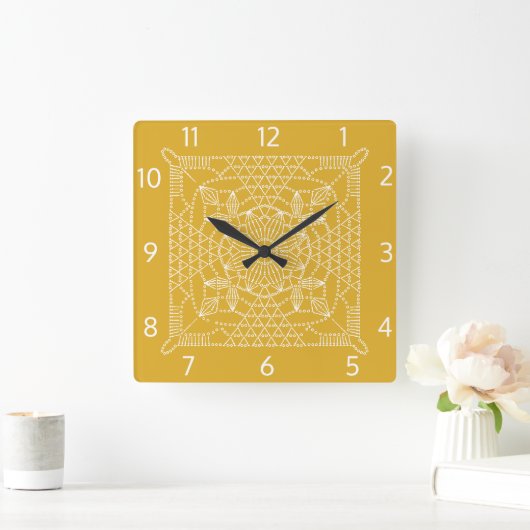 Mustard Yellow Crochet Chart Square Wall Clock Quadratische Wanduhr (Zuhause)