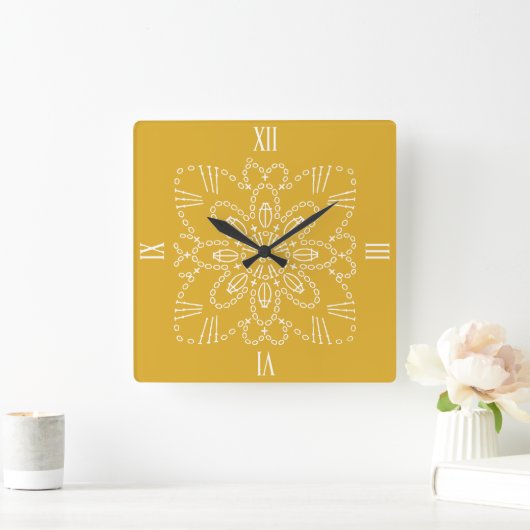 Mustard Yellow Crochet Chart Square Wall Clock Quadratische Wanduhr (Zuhause)
