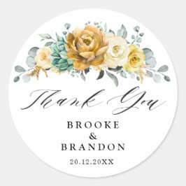 Mustard Yellow Floral Moderne Hochzeit Danke Runder Aufkleber