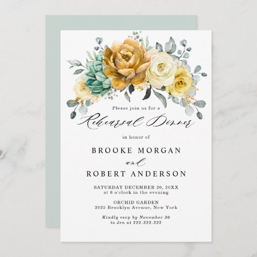 Mustard Yellow Floral Sage Green Probe Dinner Einladung (Vorne/Hinten)