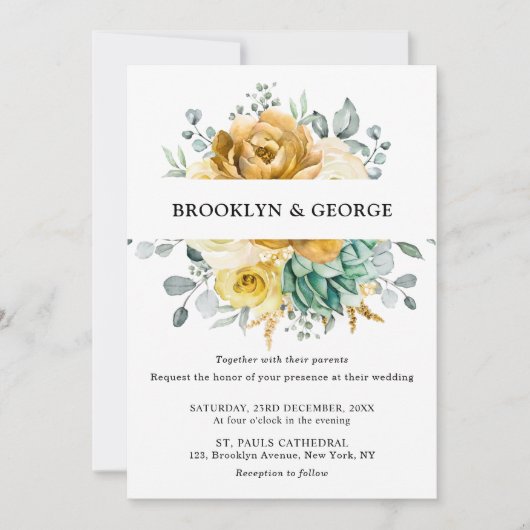 Mustard Yellow Floral Sage Grüne Moderne Hochzeit Einladung (Vorderseite)