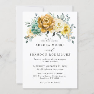 Mustard Yellow Floral Sage Grüne Moderne Hochzeit Einladung