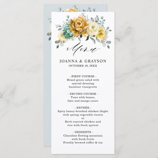 Mustard Yellow Floral Sage Grüne Moderne Hochzeit Menükarte (Vorne/Hinten)