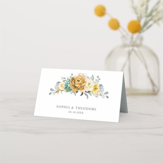 Mustard Yellow Floral Sage Grüne Moderne Hochzeit Platzkarte (Rückseite)