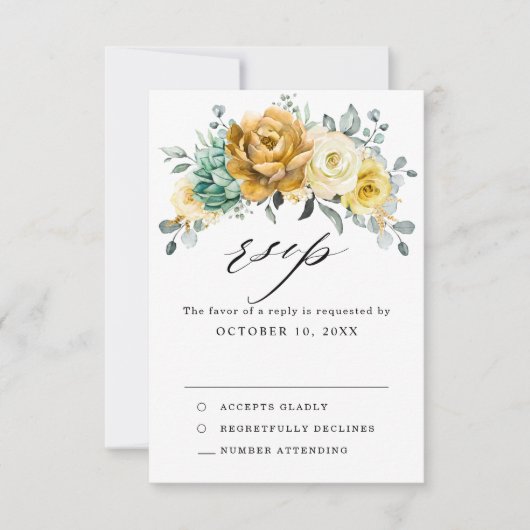 Mustard Yellow Floral Sage Grüne Moderne Hochzeit RSVP Karte (Vorderseite)