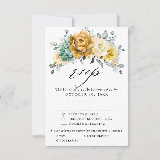 Mustard Yellow Floral Sage Grüne Moderne Hochzeit RSVP Karte (Vorderseite)