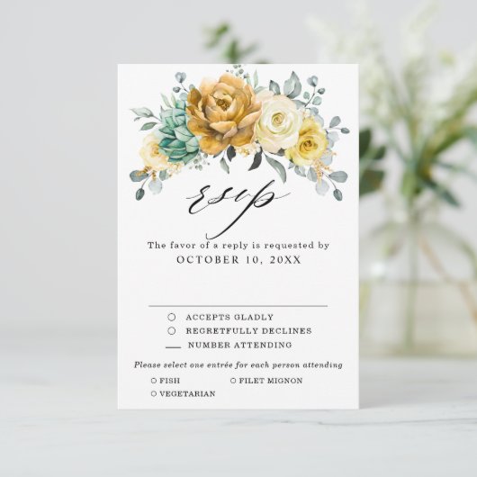 Mustard Yellow Floral Sage Grüne Moderne Hochzeit RSVP Karte (Stehend Vorderseite)