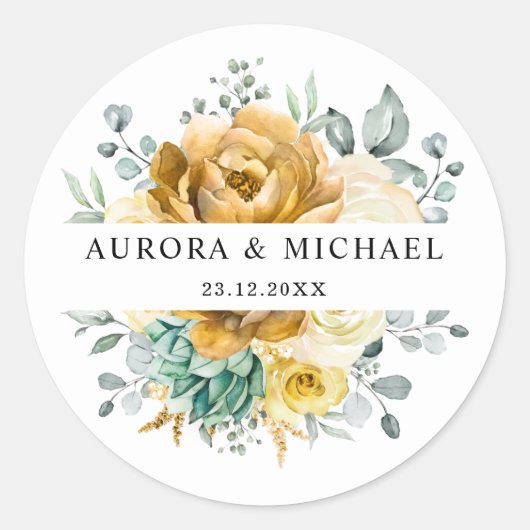 Mustard Yellow Floral Sage Grüne Moderne Hochzeit Runder Aufkleber (Vorderseite)