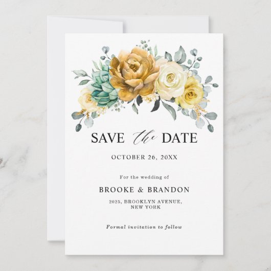 Mustard Yellow Floral Sage Grüne Moderne Hochzeit Save The Date (Vorderseite)