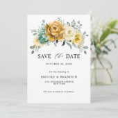 Mustard Yellow Floral Sage Grüne Moderne Hochzeit Save The Date (Stehend Vorderseite)