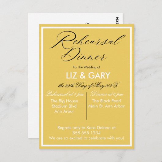 Mustard Yellow Minimalistisch Probe Dinner Postkarte (Vorne/Hinten)