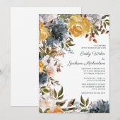 Mustard Yellow Navy Blue Watercolor Floral Wedding Einladung (Vorne/Hinten)