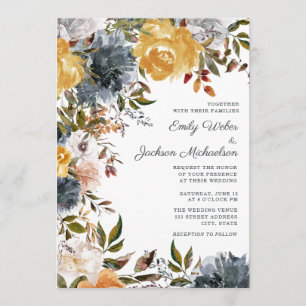 Mustard Yellow Navy Blue Watercolor Floral Wedding Einladung