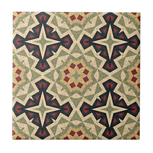 Mustard Yellow Olive Green Ethnic Stamm Art Fliese (Vorderseite)