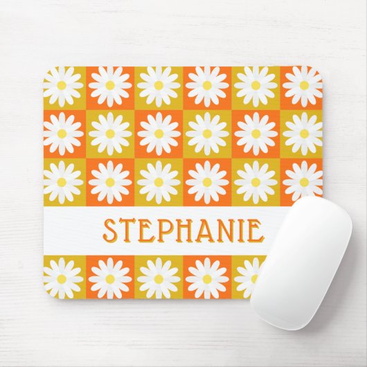 Mustard Yellow Orange Daisy Retro Checkerboard Mousepad (Mit Mouse)