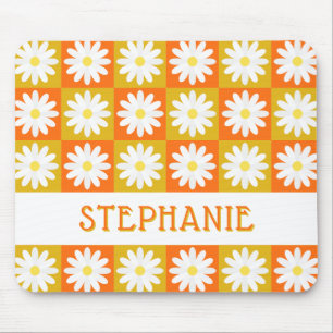 Mustard Yellow Orange Daisy Retro Checkerboard Mousepad