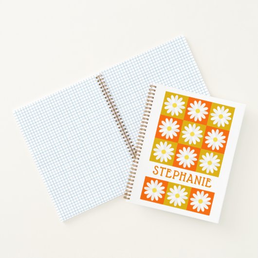 Mustard Yellow Orange Daisy Retro Checkerboard Notizblock (Innenseite)
