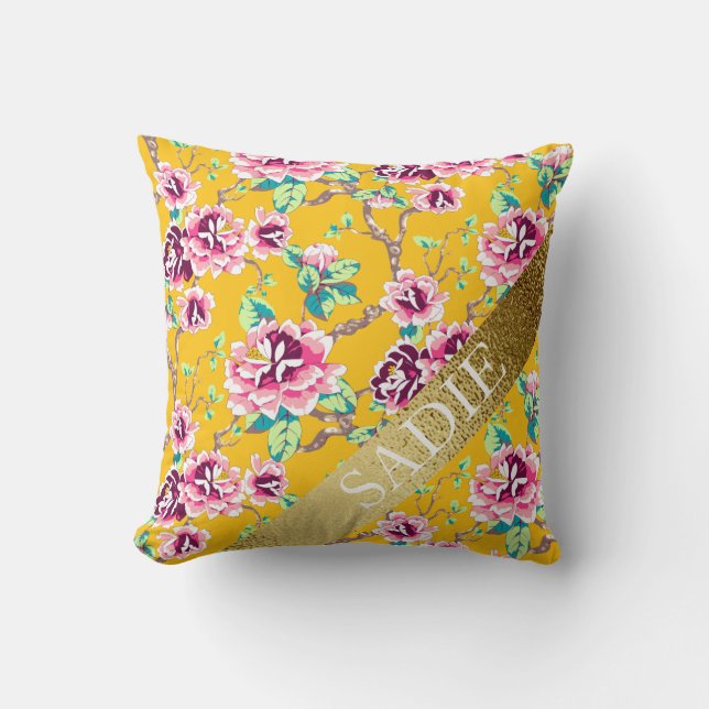Mustard Yellow Pink Floral Gold Personalisiert Kissen (Vorderseite)