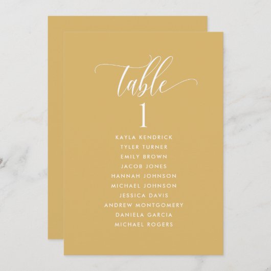 Mustard Yellow Seating Plan Cards mit Gästennamen (Vorne/Hinten)