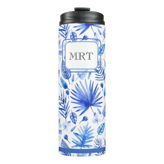 Muster 11oz für monogramm Cobalt Blue Tropical Lea Thermosbecher (Vorderseite)