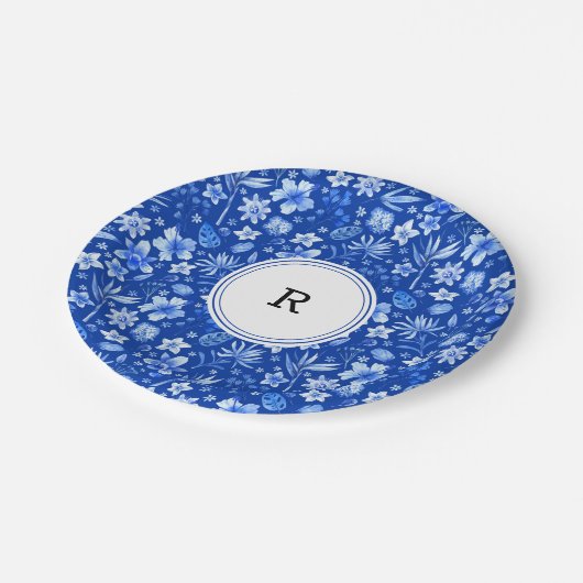 Muster 7" für Monogramm, Cobalt Blue Tropical Blum Pappteller (Schrägansicht)