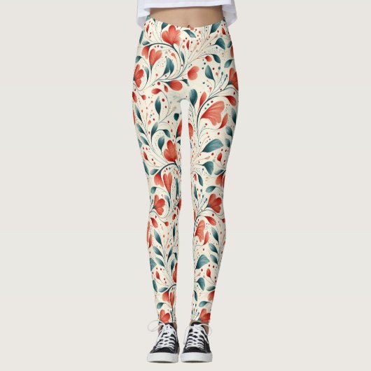 Muster aus blauem Leaf und rotem Flor Leggings (Vorderseite)