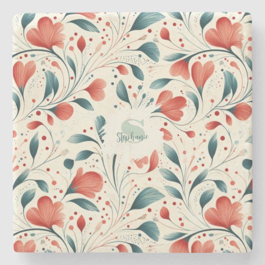 Muster aus blauem Leaf und rotem Flor Steinuntersetzer (Vorderseite)