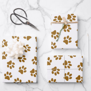 Muster aus Pfoten, Hundepfoten, orange-goldene Pfo Geschenkpapier Set