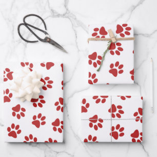Muster aus Pfoten, Hundepfoten, rote Pfoten Geschenkpapier Set