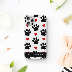 Muster aus Pfoten, schwarze Pfoten, rote Herzen, I iPhone 16 Hülle