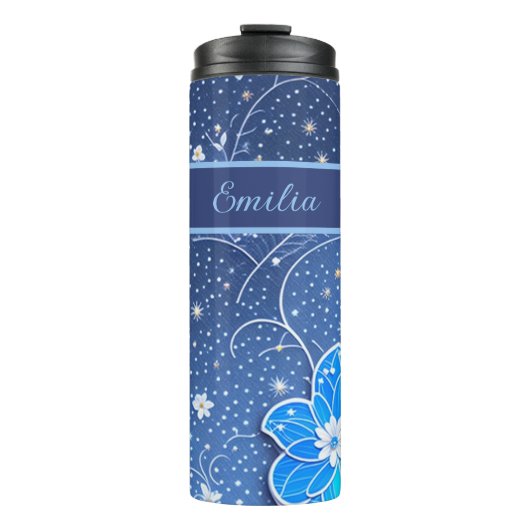 Muster blau weiß mit Blumen Thermosbecher (Vorderseite)